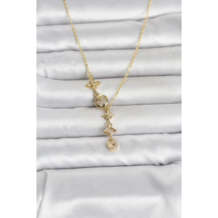 316L Çelik Gold Renk Zirkon Taşlı Y Kadın Kolye 5886