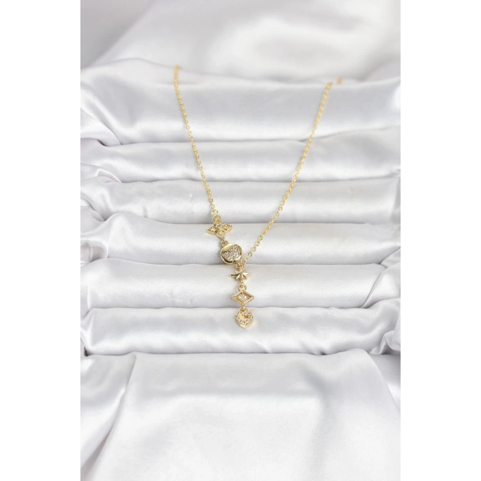 316L Çelik Gold Renk Zirkon Taşlı Y Kadın Kolye 5886