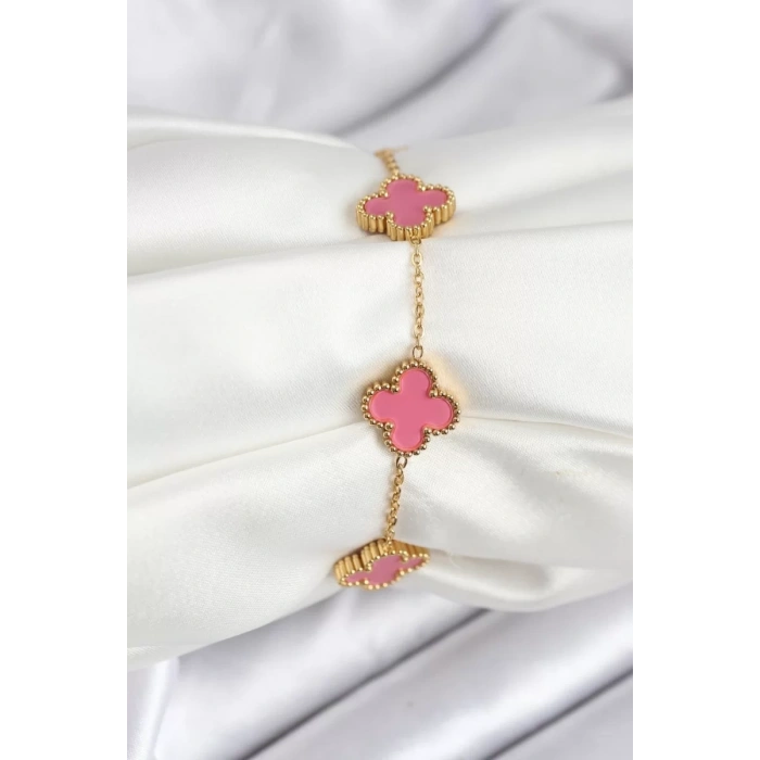 316L Çelik Gold Zincir Pembe Yonca Renk Bileklik - TJ-BB7908