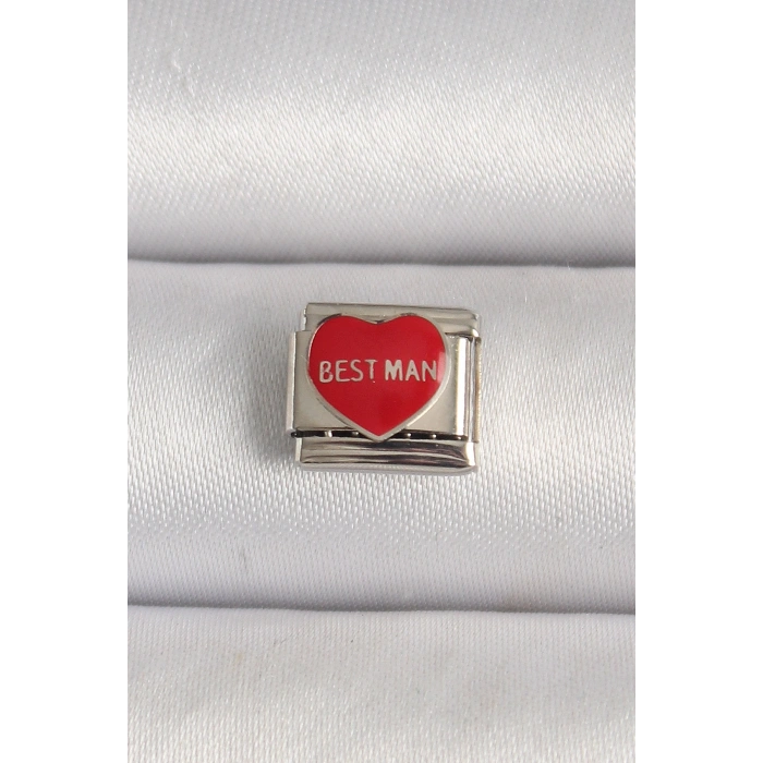 316L Çelik Gümüş Renk Best Man Yazılı Kırmızı Kalp İşlemeli Nomination Charm 5886