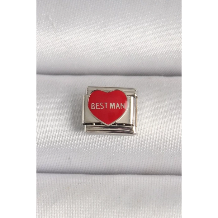316L Çelik Gümüş Renk Best Man Yazılı Kırmızı Kalp İşlemeli Nomination Charm - TJ-BC1208