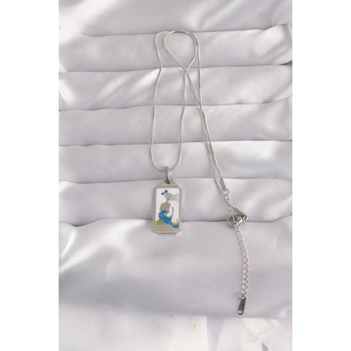 316L Çelik Gümüş Renk Beyaz Mineli Kız Figür Tarot Kolye - TJ-BKO9049