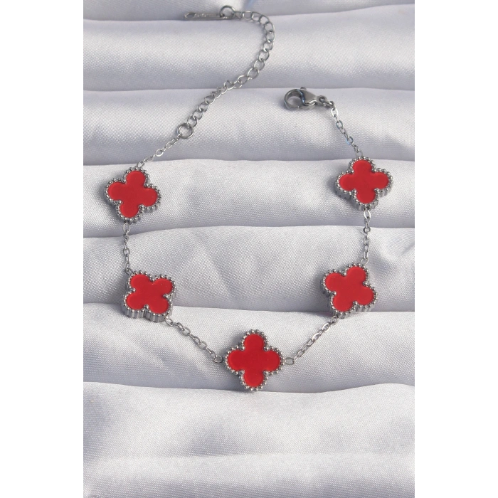 316L Çelik Gümüş Renk Kırmızı Mineli Yonca Bileklik 5886