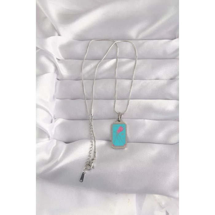 316L Çelik Gümüş Renk Mavi Mineli Tarot Kolye - TJ-BKO9046