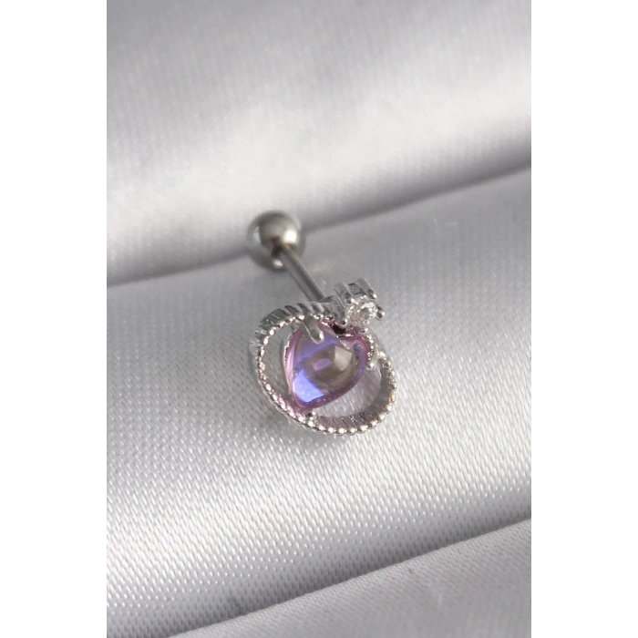 316L Çelik Gümüş Renk Mor Mineli Kalp Zirkon Taş Detay Tragus Piercing - TJ-PR1273