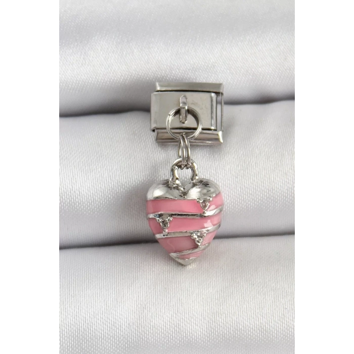 316L Çelik Gümüş Renk Pembe Kalp Model Nomination Charm - TJ-BC1495