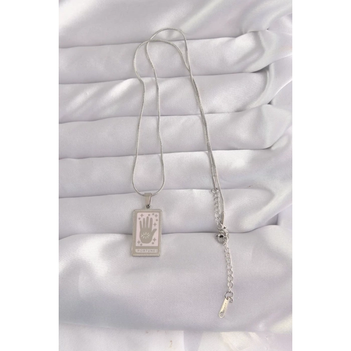 316L Çelik Gümüş Renk Pembe Mineli El Figür Tarot Kolye - TJ-BKO9050