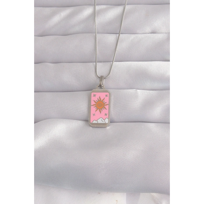 316L Çelik Gümüş Renk Pembe Mineli Güneş Model Tarot Kolye 5886