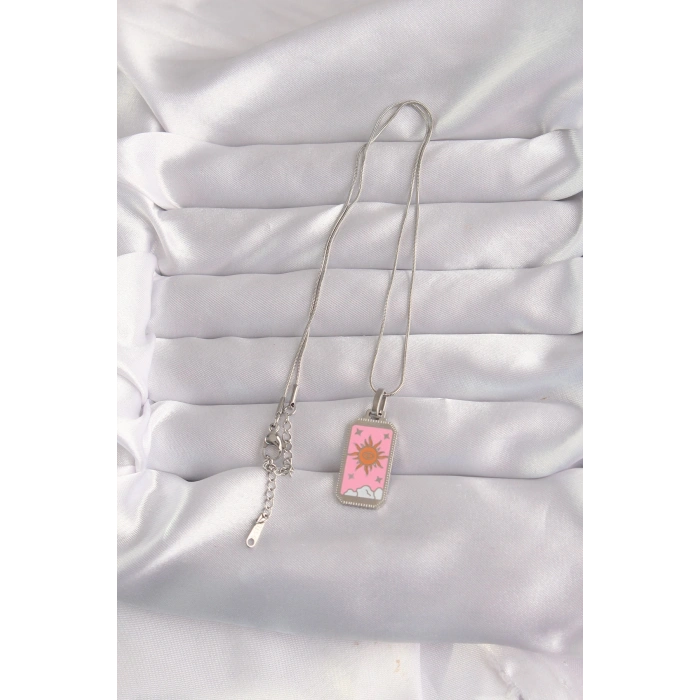 316L Çelik Gümüş Renk Pembe Mineli Güneş Model Tarot Kolye 5886