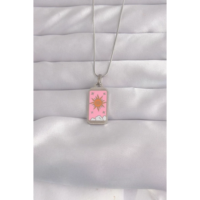 316L Çelik Gümüş Renk Pembe Mineli Güneş Model Tarot Kolye - TJ-BKO9043