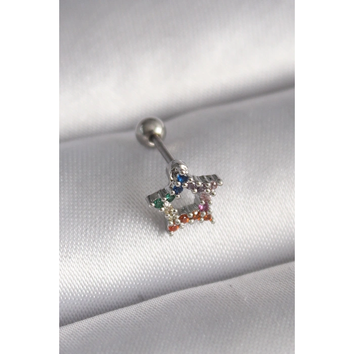 316L Çelik Gümüş Renk Renkli Zirkon Taşlı Yıldız Model Tragus Piercing 5886