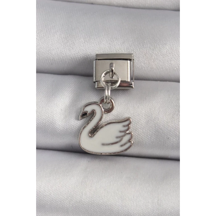 316L Çelik Gümüş Renk Sallantı Beyaz Kuğu Model Nomination Charm - TJ-BC1160