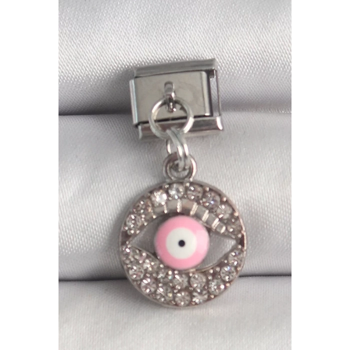 316L Çelik Gümüş Renk Sallantı Zirkon Taşlı Pembe Göz Model Nomination Charm - TJ-BC1373