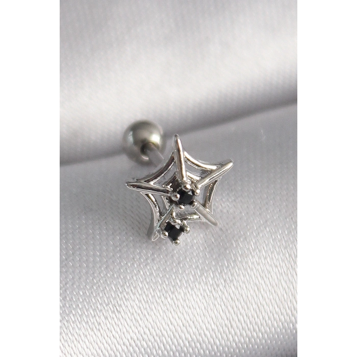 316L Çelik Gümüş Renk Siyah Zirkon Taş Detay Örümcek Ağ Model Tragus Piercing 5886