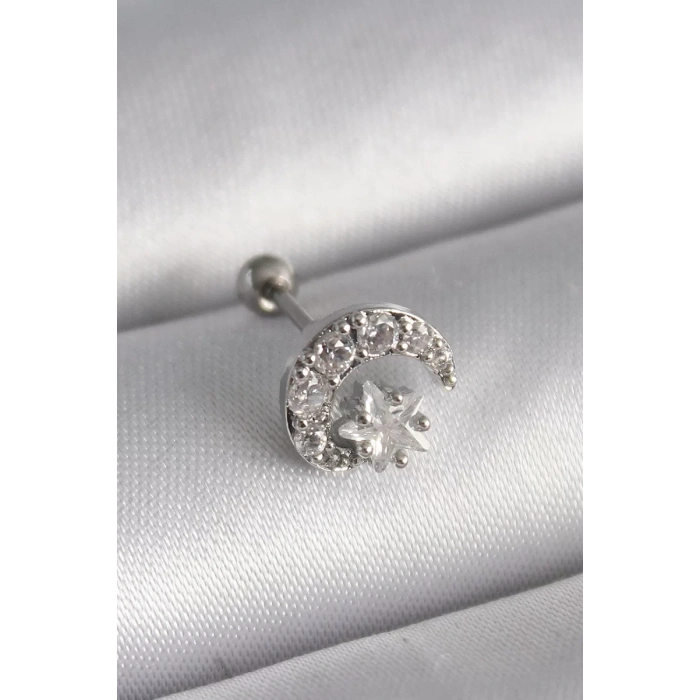 316L Çelik Gümüş Renk Zirkon Taşlı Ay Yıldız Tragus Piercing - TJ-PR1257