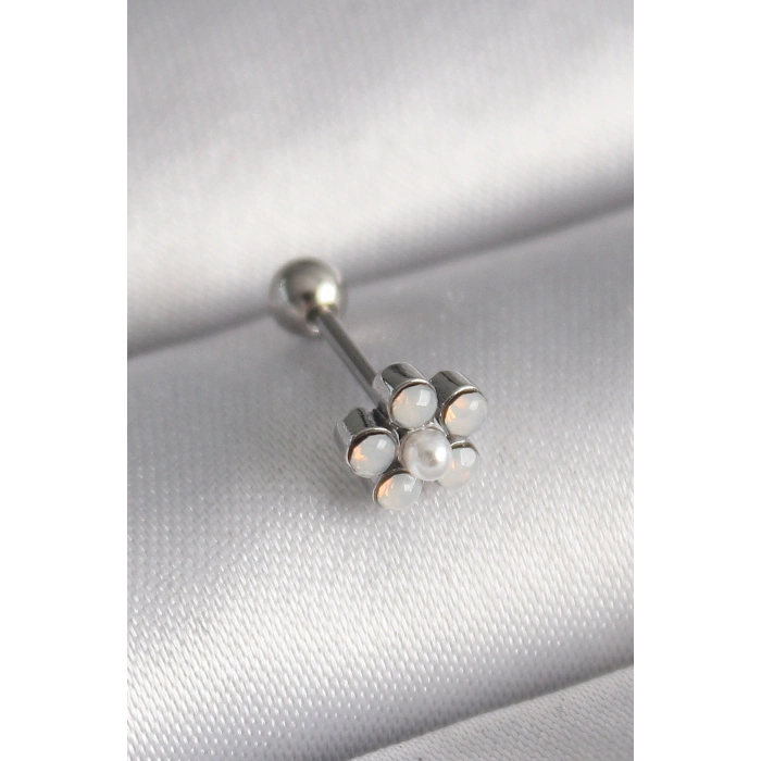 316L Çelik Gümüş Renk Zirkon Taşlı Çiçek Model Tragus Piercing 5886