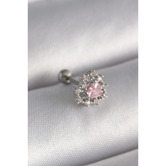 316L Çelik Gümüş Renk Zirkon Taşlı Kalp Tragus Piercing 5886