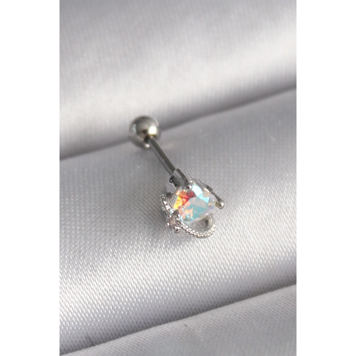 316L Çelik Gümüş Renk Zirkon Taşlı Kalp Tragus Piercing 5886