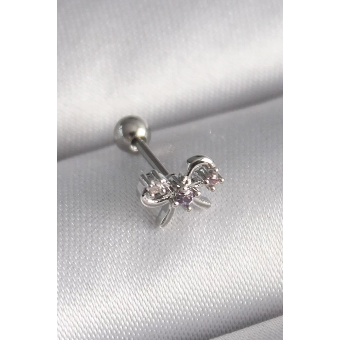 316L Çelik Gümüş Renk Zirkon Taşlı Kurdele Tragus Piercing - TJ-PR1265