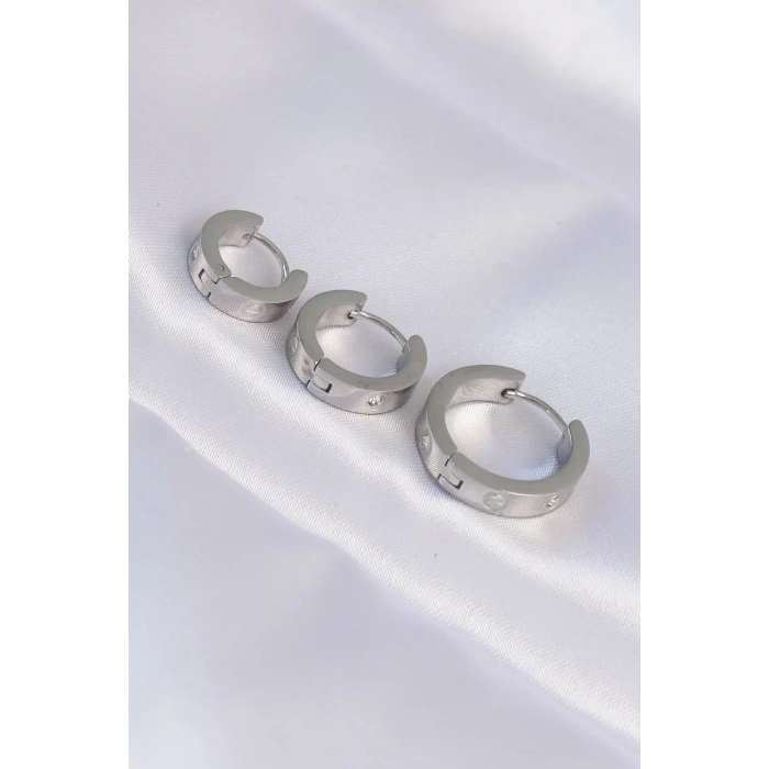 316L Çelik Gümüş Renk Zirkon Taşlı Model 3lü Halka Küpe - TJ-BKP9008