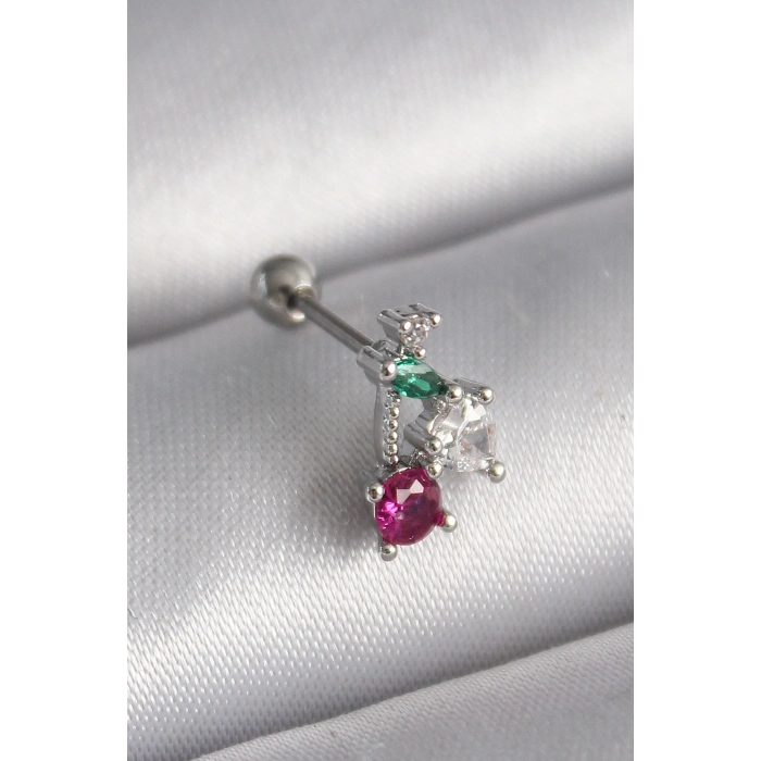 316L Çelik Gümüş Renk Zirkon Taşlı Tragus Piercing 5886