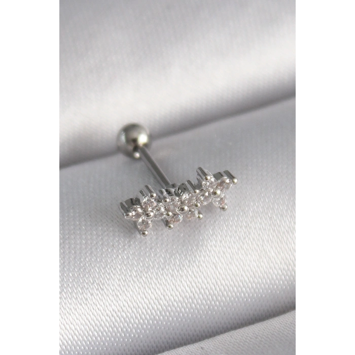 316L Çelik Gümüş Renk Zirkon Taşlı Yonca Tragus Piercing 5886
