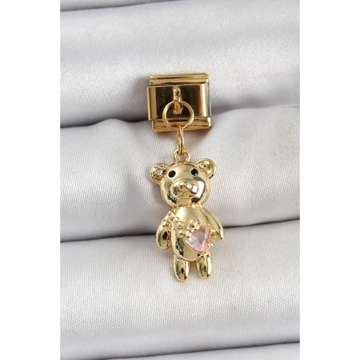 316L Çelik Sallantılı Zirkon Taşlı Ayıcık Model Gold Renk Nomination Charm - TJ-BC1421