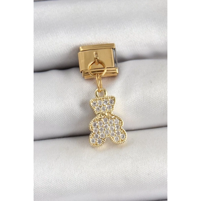 316L Çelik Sallantılı Zirkon Taşlı Ayıcık Model Gold Renk Nomination Charm - TJ-BC1432