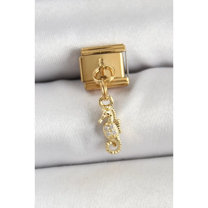 316L Çelik Sallantılı Zirkon Taşlı Çiçek Model Gold Renk Nomination Charm - TJ-BC1430