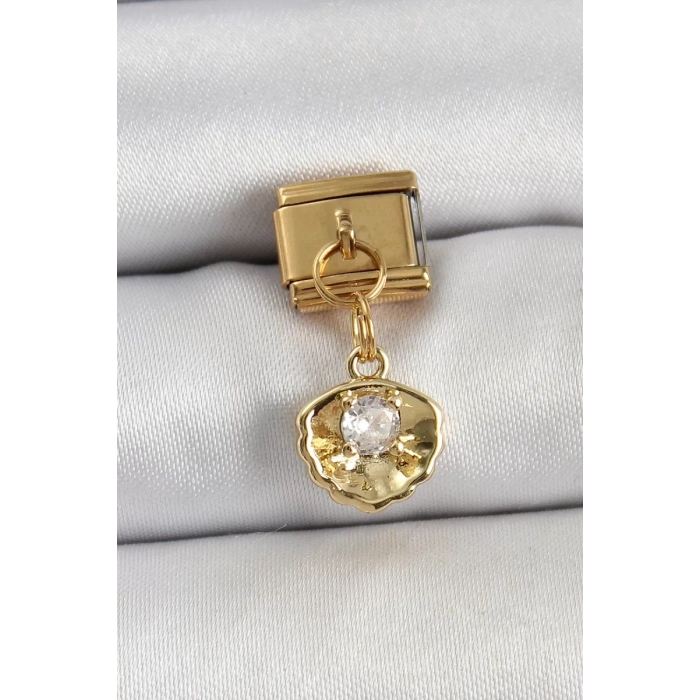 316L Çelik Sallantılı Zirkon Taşlı İstiridye Model Gold Renk Nomination Charm - TJ-BC1426