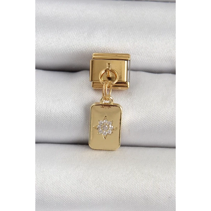 316L Çelik Sallantılı Zirkon Taşlı Kutup Yıldızı Figürlü Dikdörtgen Model Gold Renk Nomination Charm - TJ-BC1406