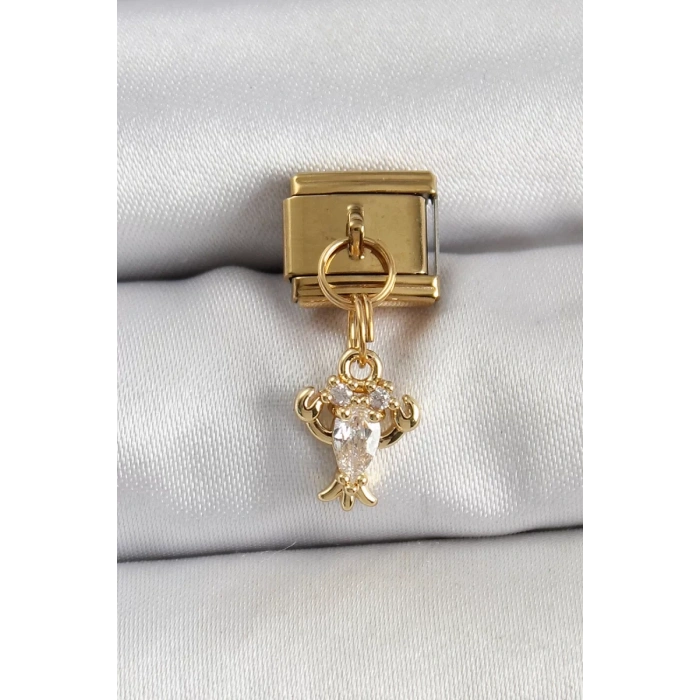 316L Çelik Sallantılı Zirkon Taşlı Yengeç Model Gold Renk Nomination Charm - TJ-BC1417