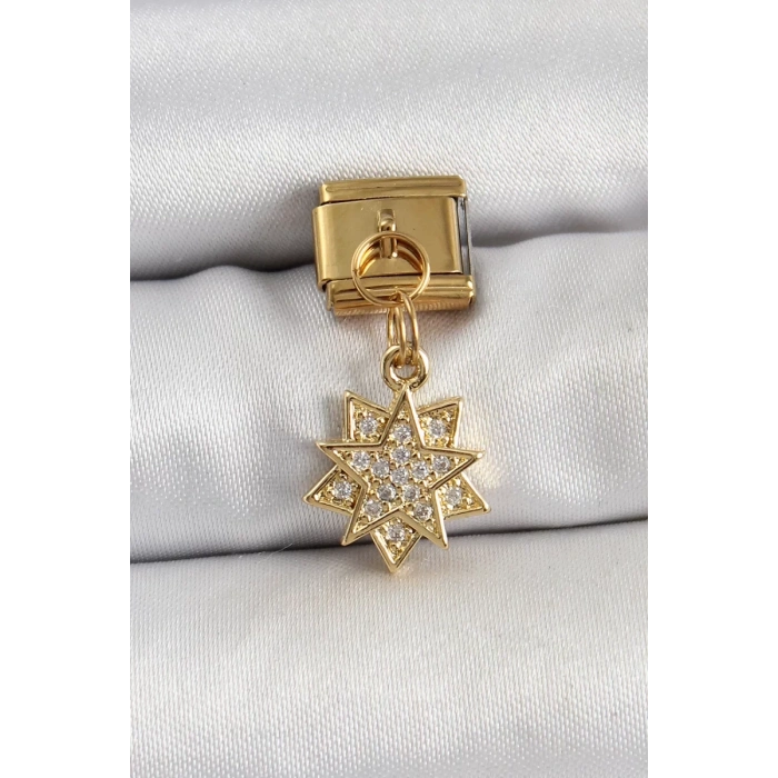 316L Çelik Sallantılı Zirkon Taşlı Yıldız Model Gold Renk Nomination Charm - TJ-BC1416