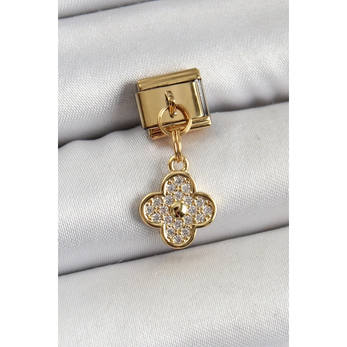 316L Çelik Sallantılı Zirkon Taşlı Yonca Model Gold Renk Nomination Charm 5886