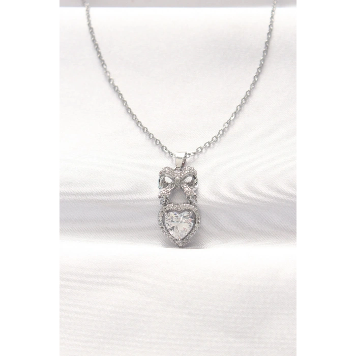 316L Çelik Silver Renk Zirkon Taşlı Kalpli Fiyonk Kolye 5886