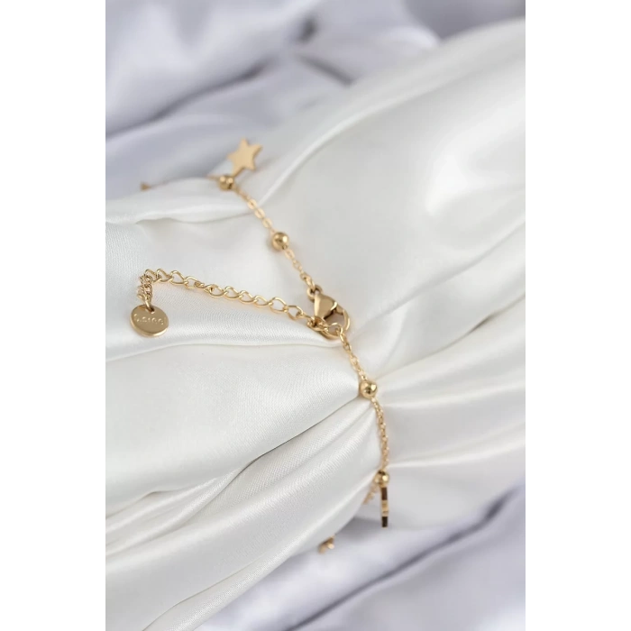 316L Çelik Sıralı Yıldız Model Gold Renk Kadın Bileklik - TJ-BB7825