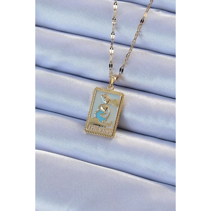 316L Çelik Zincir Altın Renk Mavi Mineli Tarot Kolye - TJ-BKO9211