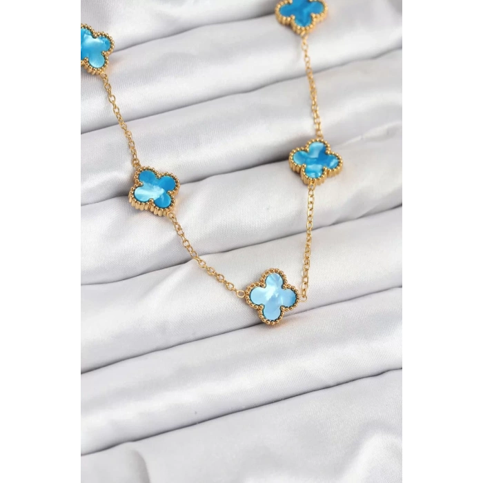 316L Çelik Zincir Gold Buz Mavisi Renk Yonca Kolye - TJ-BKO10566