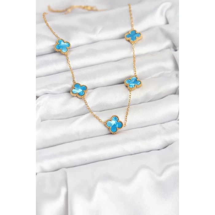 316L Çelik Zincir Gold Buz Mavisi Renk Yonca Kolye - TJ-BKO10566