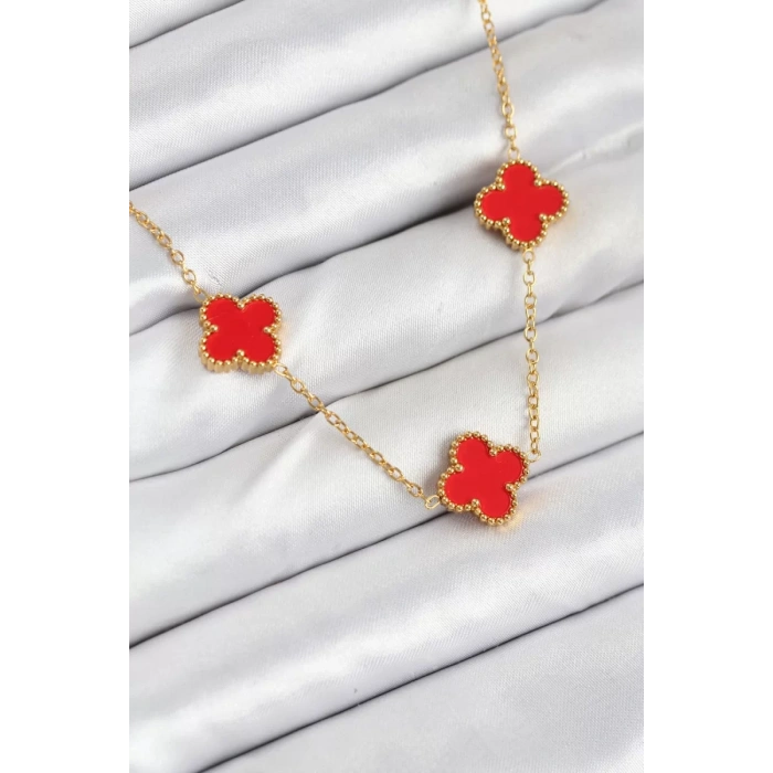 316L Çelik Zincir Gold Kırmızı Renk Yonca Kadın Kolye - TJ-BKO10585
