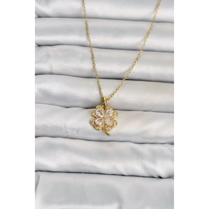 316L Çelik Zincir Gold Renk 4 Yapraklı Yonca Model Kadın Kolye TJ-BKO11080