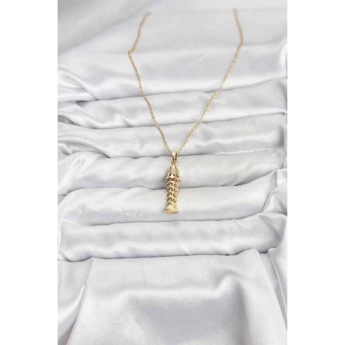316L Çelik Zincir Gold Renk Balık Model Zirkon Taşlı Kadın Kolye 5886