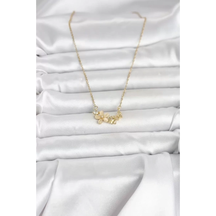 316L Çelik Zincir Gold Renk Çiçek ve Kelebek Model Kadın Kolye - TJ-BKO11038