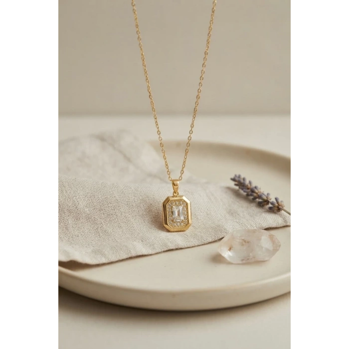 316L Çelik Zincir Gold Renk Kare Form Kolye TJ-BKO11186