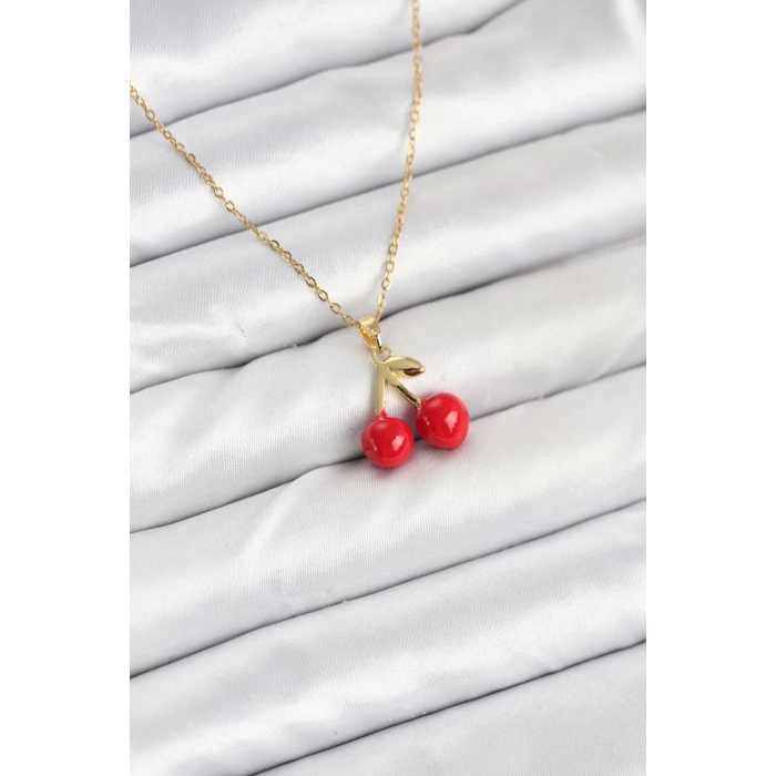 316L Çelik Zincir Gold Renk Kiraz Model Kadın Kolye - TJ-BKO10623