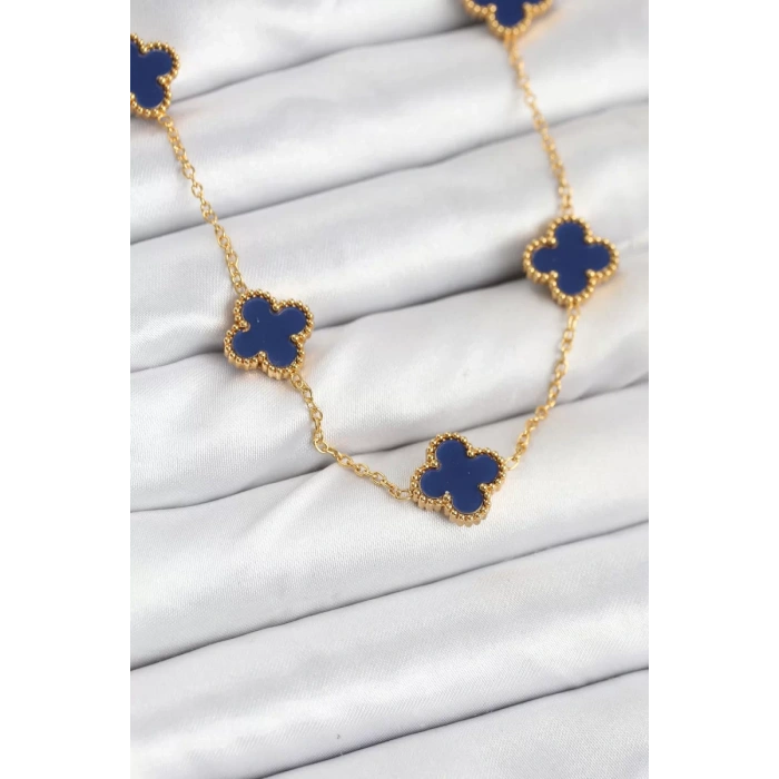 316L Çelik Zincir Gold Renk Lacivert Yonca Kadın Kolye - TJ-BKO10567