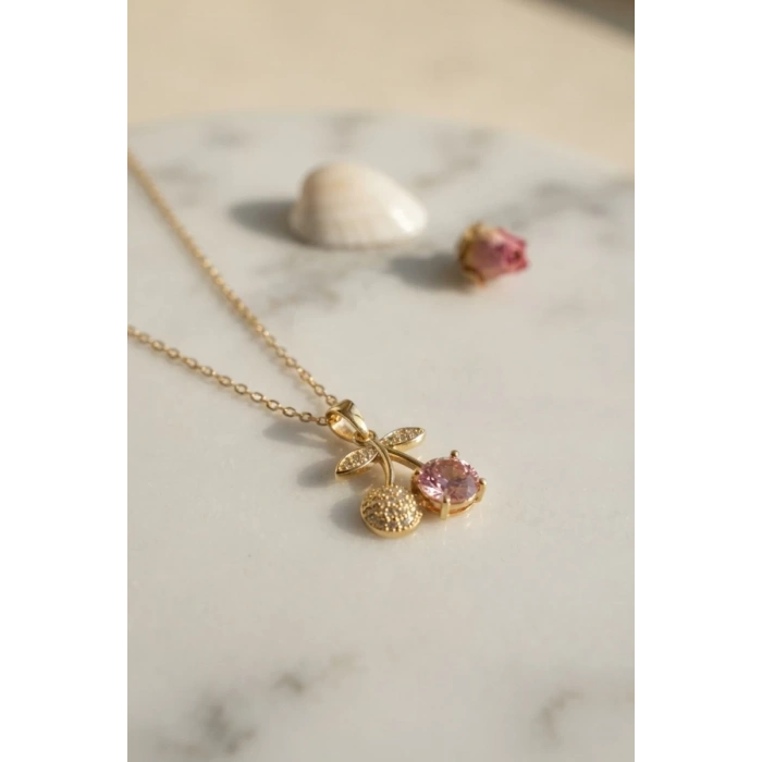 316L Çelik Zincir Gold Renk Pembe Kiraz Model Kolye TJ-BKO11190