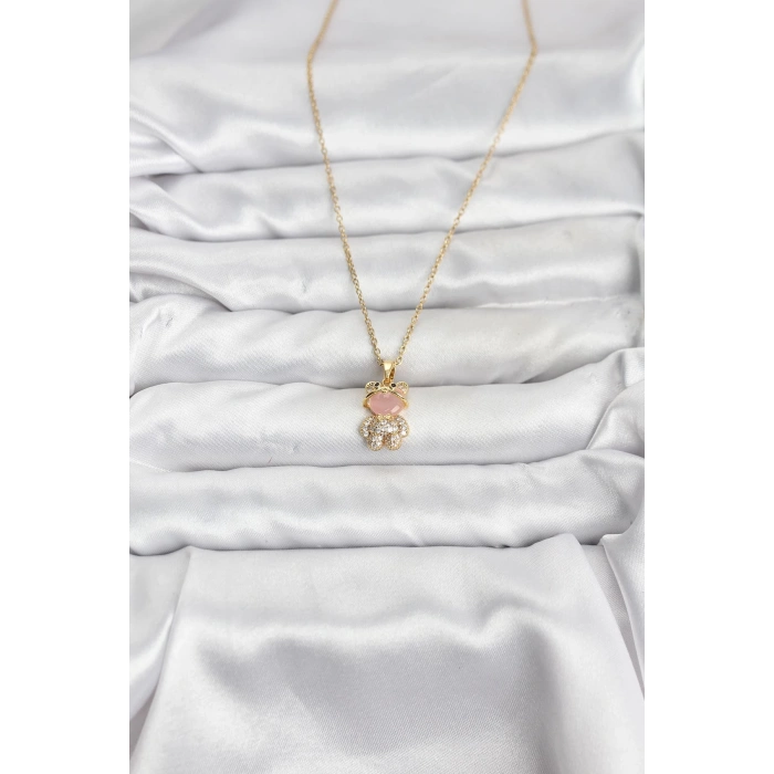 316L Çelik Zincir Gold Renk Teddy Bear Model Zirkon Taşlı Kadın Kolye 5886