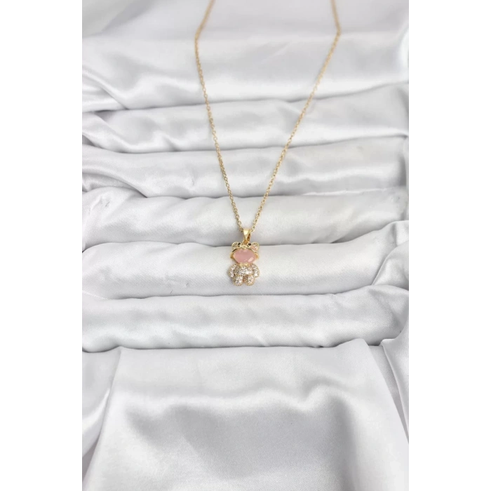 316L Çelik Zincir Gold Renk Teddy Bear Model Zirkon Taşlı Kadın Kolye - TJ-BKO10852