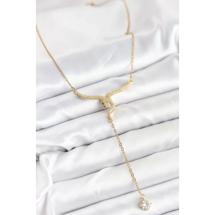 316L Çelik Zincir Gold Renk Yılan Model Y Kolye - TJ-BKO10662